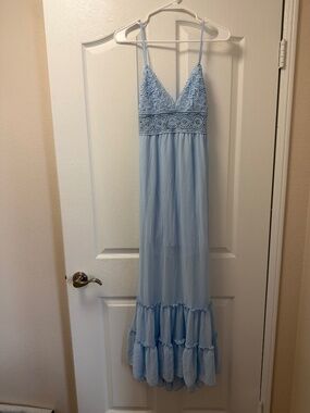 Blashe Light Blue Lace Maxi Dress for Women, Sleeveless, Tie Back, Ruffle, M